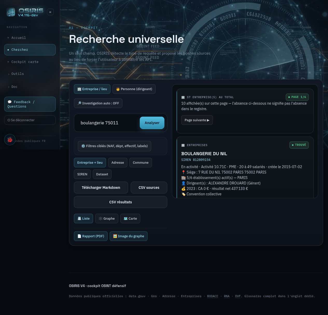Recherche universelle OSIRIS : résultats entreprises sur les données publiques françaises, avec exports
