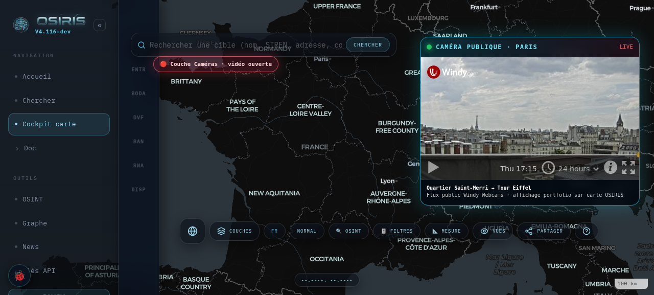 Webcam publique ouverte en overlay sur la carte OSIRIS (Paris, Tour Eiffel)